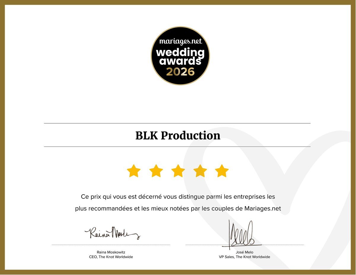 Certificat officiel Wedding Awards 2026 Mariages.net décerné à BLK Production avec 5 étoiles