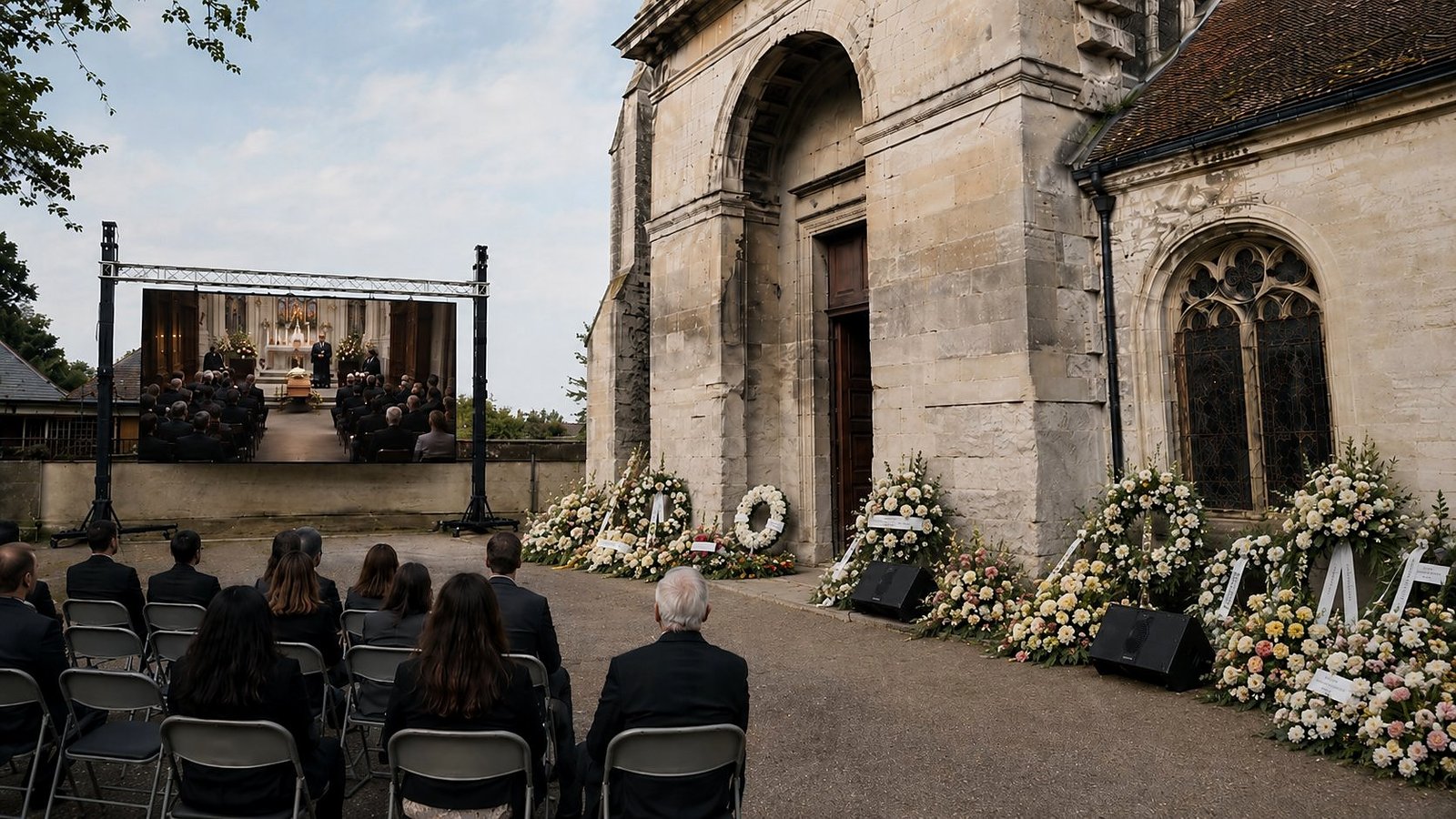 Captation et retransmission locale d'une cérémonie religieuse par BLK Production, écran LED extérieur installé devant une église pour les invités à l'extérieur, ambiance recueillie avec compositions florales