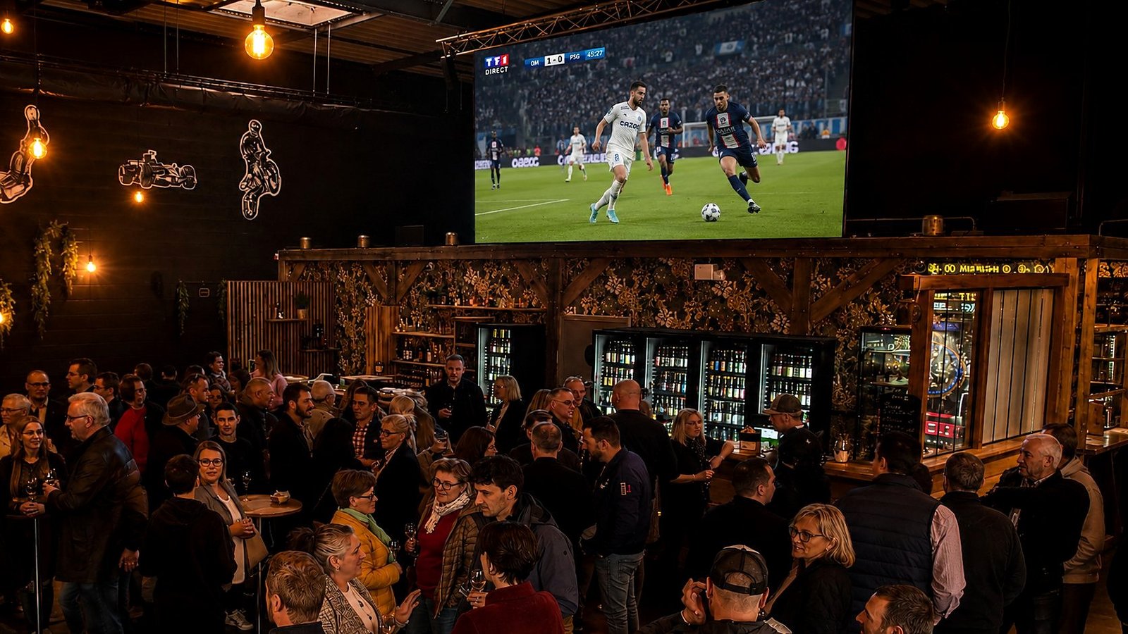 Le CAJU bar à bières & sports de Saint-André-les-Vergers, écran LED 12 m² installé par BLK Production en condition réelle avec match de football en direct et clients devant les frigos à bières, ambiance de soirée sportive
