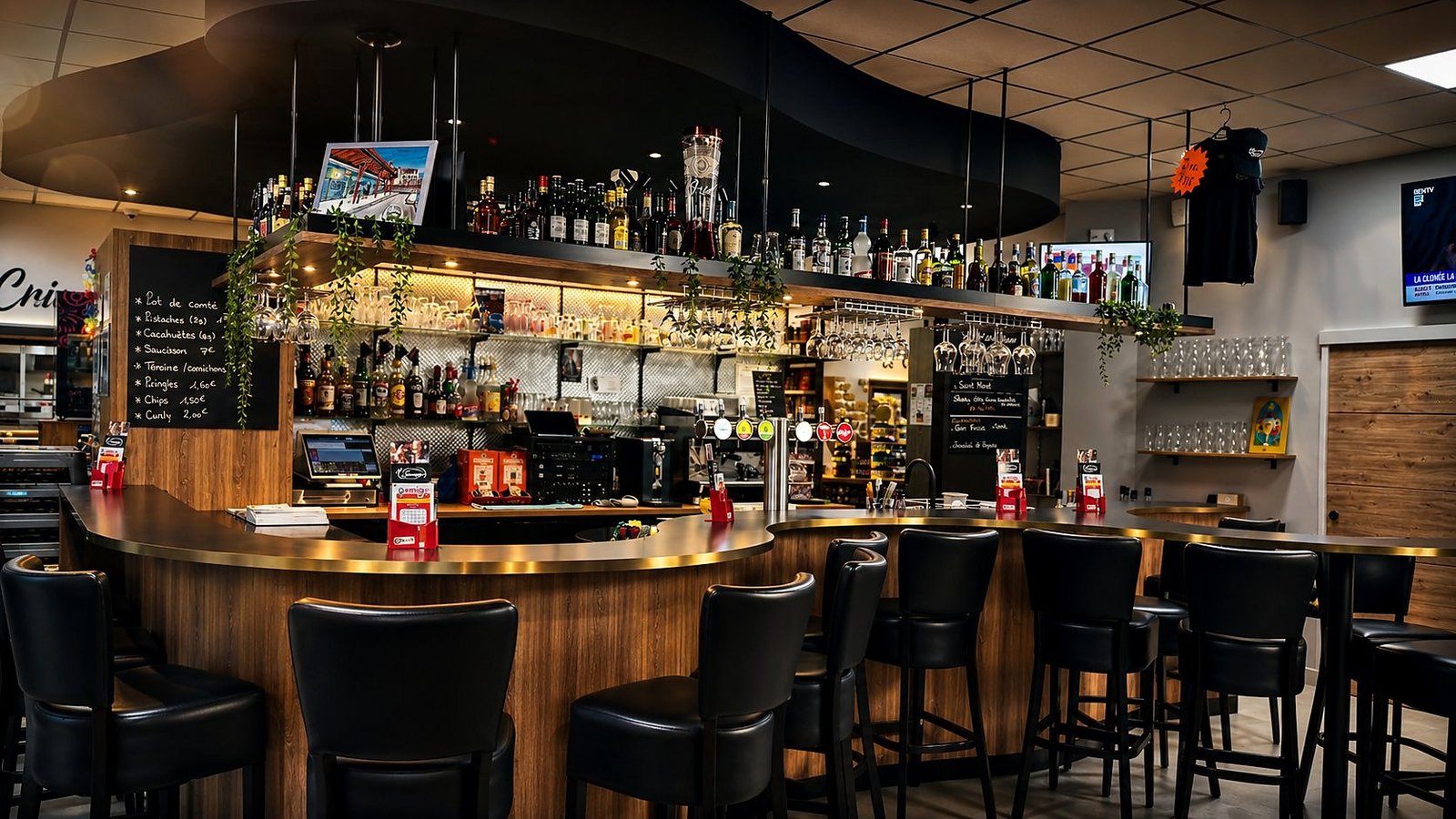 Le Germinois bar restaurant pizzéria traiteur tabac à Saint-Germain, intégration complète sonorisation multi-zones par BLK Production, vue du comptoir bois avec hauteurs et menu, ambiance contemporaine